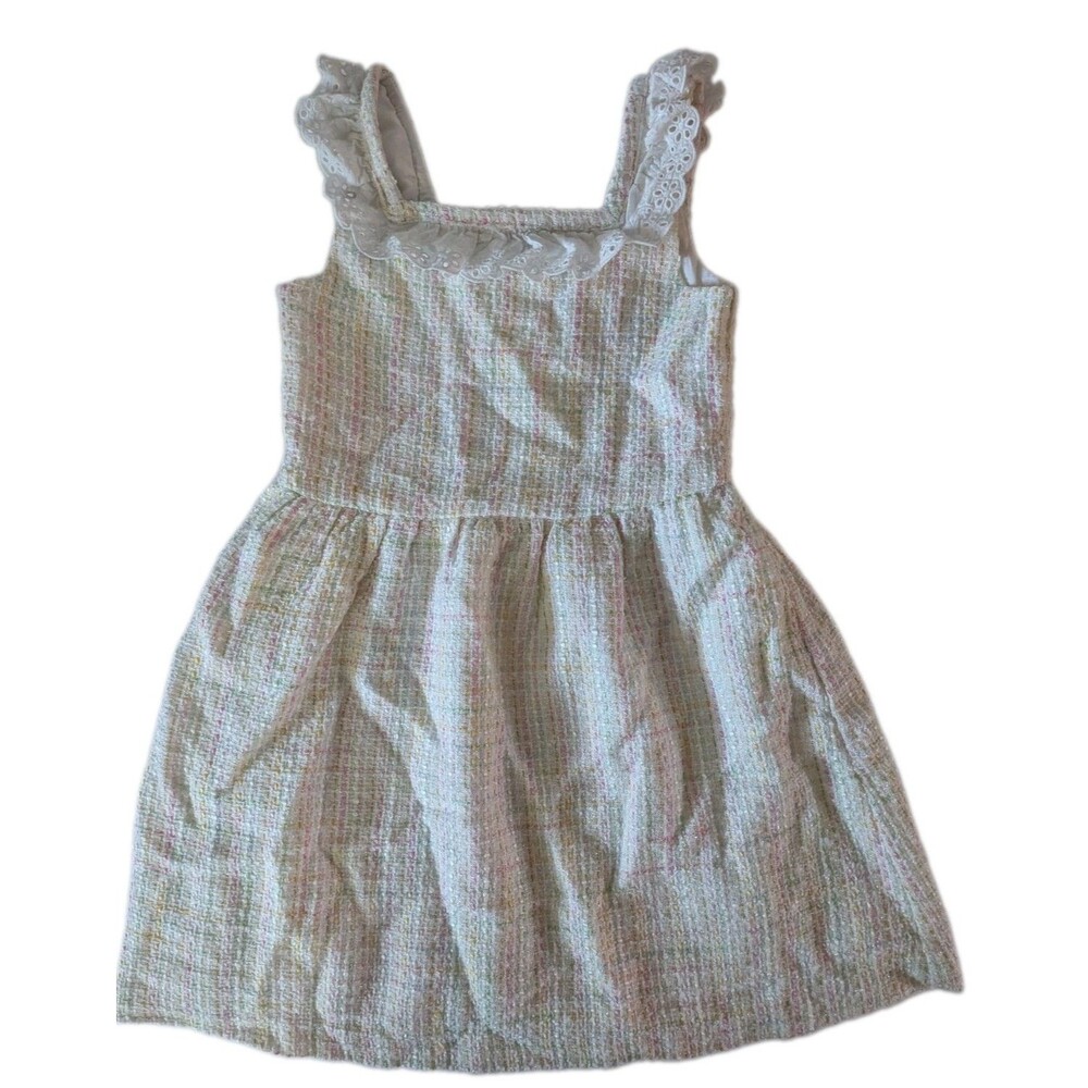 Janie and Jack Girls Size 8 Eyelet Ruffle Tweed Boucle Dress Pastel Easter EUC